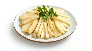 Photo of Parsnips sliced pieces on minimalist plate isolated on white background