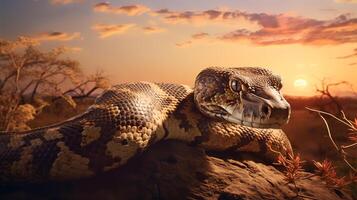 Photo of African Rock Python on savanna at sunset. Generative AI