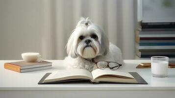 un lhasa apso perro en un suéter se sienta estudiando acompañado por un taza y pila de algo de libros. generativo ai foto