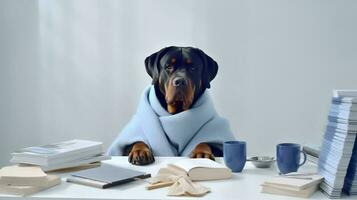 un Rottweiler perro en un suéter se sienta estudiando acompañado por un taza y pila de algo de libros. generativo ai foto
