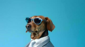 Photo of haughty dachshund using sunglasses  and office suit on white background. Generative AI