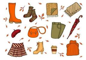 Cozy Autumn Clothes. Doodle Set. Cute Cartoon Hand Drawn Fall Outfits, Rubber Boots, Umbrella, Socks, Handbag, Boots, Skirt, Beret, Sweater, Pants, Scarves and Coffee. vector