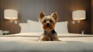 Yorkshire terrier dog lying on bed in hotel with contemporary interior design. Generative AI photo