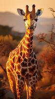Close up photo of giraffe on savanna at sunset.