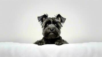 Portrait of Affenpinscher lying on bed photo