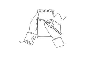 Continuous one line drawing of hands holding pens and pencils, writing letter on paper, taking notes in notebook, filling diary and signing business documents concept. Doodle vector illustration.