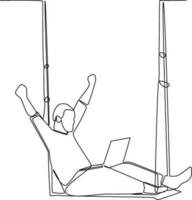 Continuous one line drawing of Freelancer working from home or beach at relaxed pace, convenient workplace concept. Doodle vector illustration.