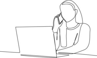 Continuous one line drawing of Freelancer working from home or beach at relaxed pace, convenient workplace concept. Doodle vector illustration.