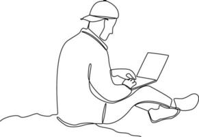 Continuous one line drawing of Freelancer working from home or beach at relaxed pace, convenient workplace concept. Doodle vector illustration.