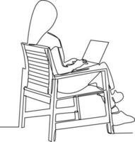 Continuous one line drawing of Freelancer working from home or beach at relaxed pace, convenient workplace concept. Doodle vector illustration.