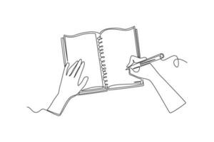 Continuous one line drawing of hands holding pens and pencils, writing letter on paper, taking notes in notebook, filling diary and signing business documents concept. Doodle vector illustration.