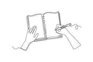 Continuous one line drawing of hands holding pens and pencils, writing letter on paper, taking notes in notebook, filling diary and signing business documents concept. Doodle vector illustration.