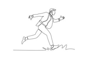 One continuous line drawing of happy people running fast, hurrying and hunting concept. Doodle vector illustration in simple linear style.