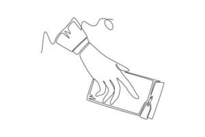 Continuous one line drawing of hands holding pens and pencils, writing letter on paper, taking notes in notebook, filling diary and signing business documents concept. Doodle vector illustration.