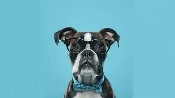 Boxer dog using glasses on blue background. Generative AI photo