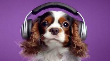 Photo of haughty cavalier using headphone  and office suit on white background
