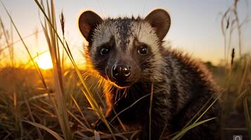 Photo of African Palm Civet on savanna at sunset.