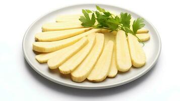 Photo of Parsnips sliced pieces on minimalist plate isolated on white background