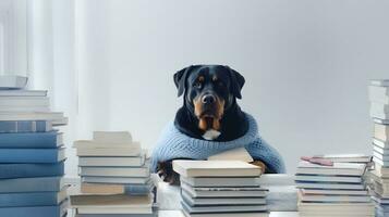 a rottweiler dog in a sweater sits studying accompanied by a cup and piles of books. Generative AI photo