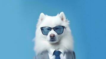 foto de arrogante Samoyedo perro utilizando lentes y oficina traje en blanco antecedentes. generativo ai