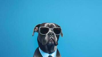 Photo of haughty cane corso using sunglasses  and office suit on white background. Generative AI