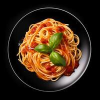 Food photography of Spaghetti on plate isolated on black background. Generative AI photo