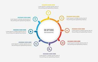 ciclo infografía modelo diseño con 8 pasos o opciones, flujo de trabajo o proceso diagrama vector