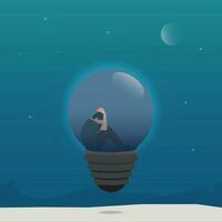 Man sitting depressed in a dim light bulb. Lost of ideas and inspiration concept vector illustration