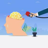 Idea refueling to creative brain, recharging or refueling brain with knowledge vector illustration