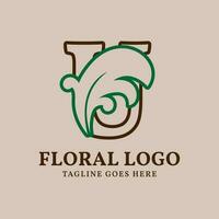 letter U floral outlined vintage leaf color vector logo design