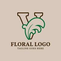 letter V floral outlined vintage leaf color vector logo design