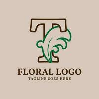 letter T floral outlined vintage leaf color vector logo design