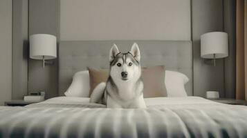 Siberian husky dog lying on bed in hotel with contemporary interior design. Generative AI photo