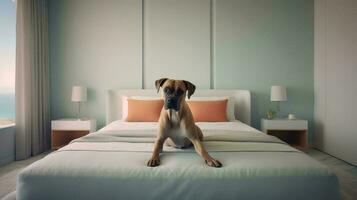 boxer dog lying on bed in hotel with contemporary interior design. Generative AI photo