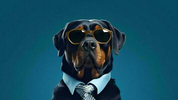 Photo of haughty Rottweiler dog using sunglasses  and office suit on white background. Generative AI