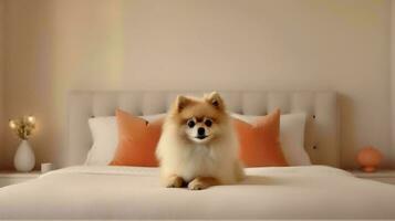 Pomeranian dog lying on bed in hotel with contemporary interior design. Generative AI photo