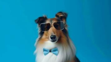 Photo of haughty rough collie dog using sunglasses  and office suit on white background. Generative AI