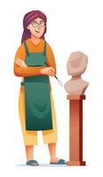 Woman sculptor making sculpture with sculpting tool. Vector cartoon illustration