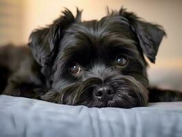 Portrait of Affenpinscher lying on bed photo