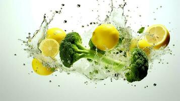 Photo of Broccoli and lemon with water splashes isolated on white background