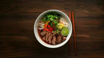 Food photography of pho on wood table. Generative AI photo