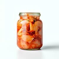 Food photography of kimchi on jar isolated on white background. Generative AI photo