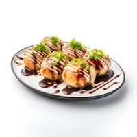 Food photography of takoyaki on plate isolated on white background. photo