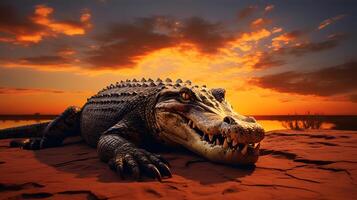 Photo of Crocodile on savanna at sunset.