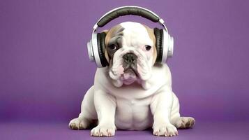 Photo of Bulldog using headphone  on purple background. Generative AI