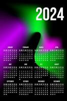 Calendar 2024 template design on abstract background green violet gradient color shape on black vector