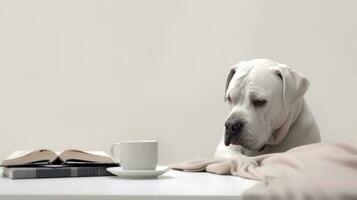 a bulldog dog in a yellow clothes sits studying accompanied by a cup and piles of books photo