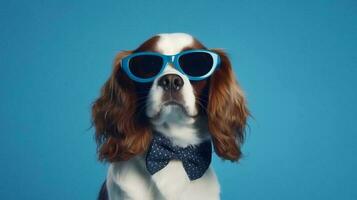 Photo of haughty cavalier using glasses  and office suit on white background. Generative AI