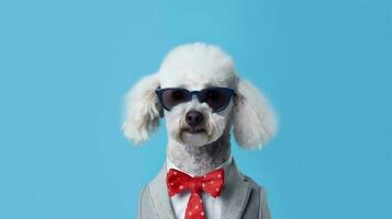 Photo of haughty poodle dog using sunglasses  and office suit on white background. Generative AI