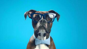 Boxer dog using glasses on blue background. Generative AI photo